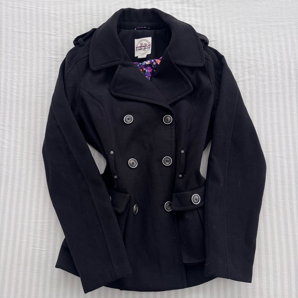 Black double breasted peacoat with floral lining